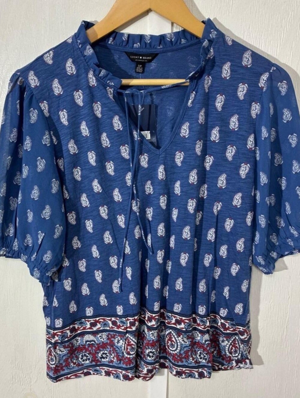 🌟7/25$ Lucky Brand Navy Blue Paisley Tie-Neck Peasant Blouse